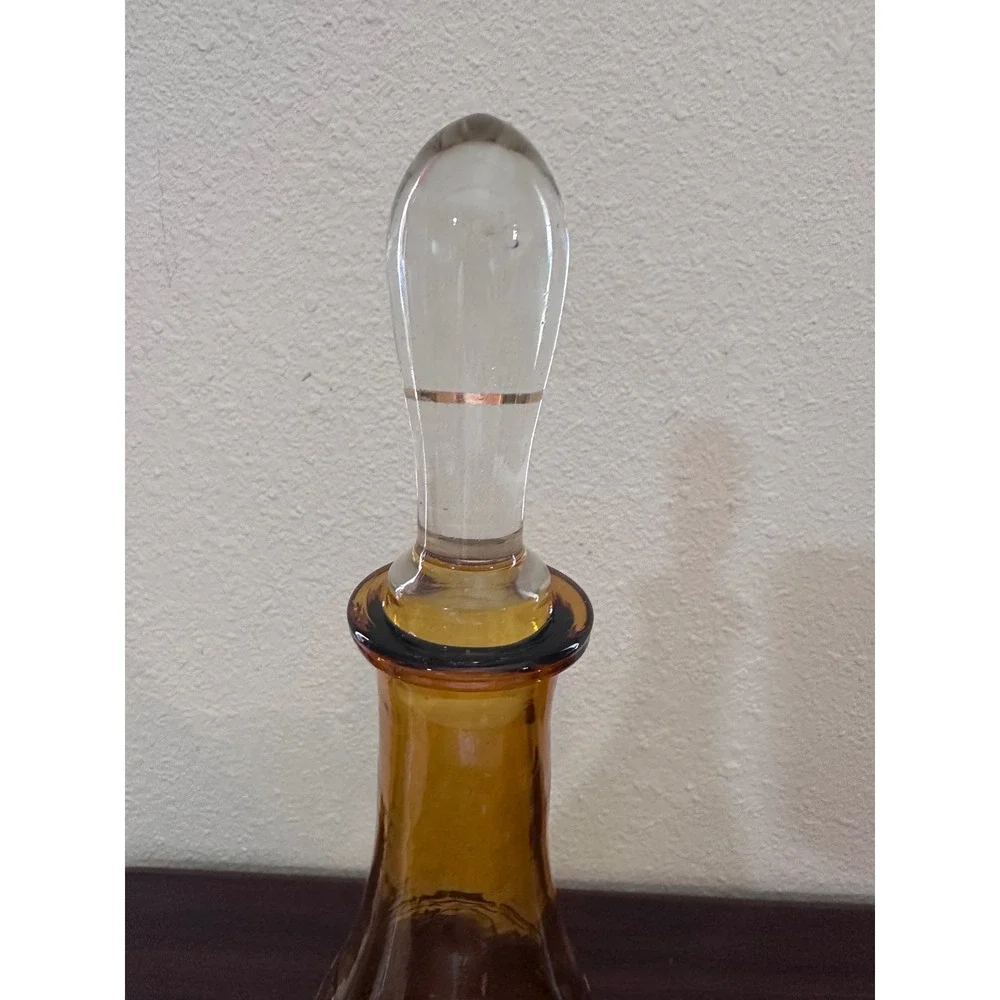 Vintage Amber Glass Decanter and 2 Wine Glass Set Gold Floral Filigree 3 Piece